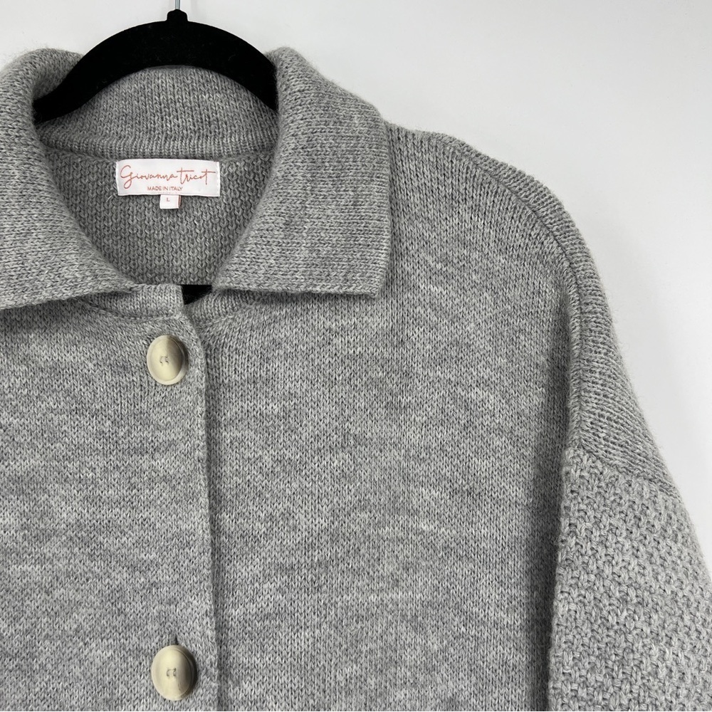 Giovanna Tricot Luxury Made In Italy Long Cardigan Large Sweater Grey Wool Top.
